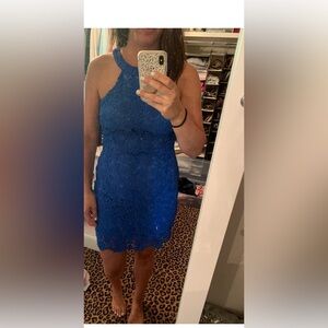 Lulu’s Love Poem Lace Halter High Neck Mini Dress Royal Blue